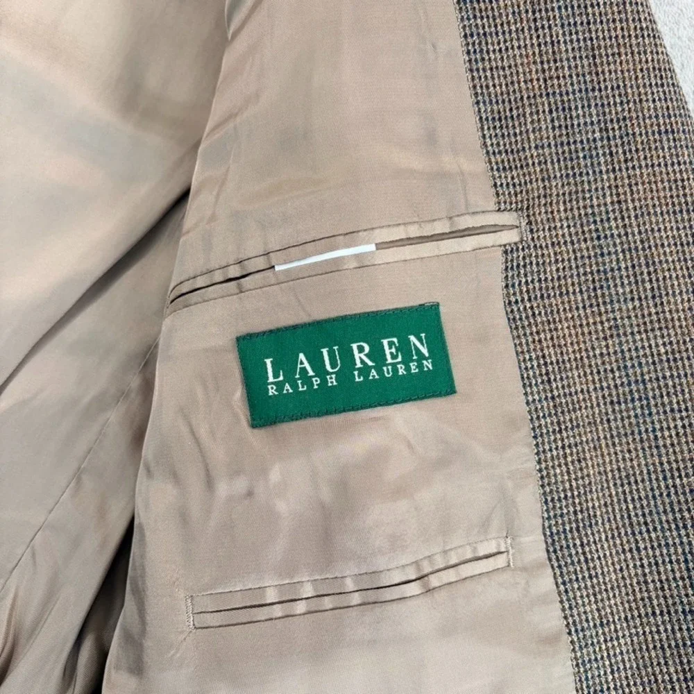 Vintage Ralph Lauren Blazer Sport Coat Men 42L Brown 100% Wool Houndstooth